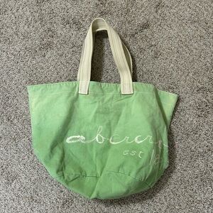 Abercrombie Green Canvas Tote Bag Cream Handles Open Pocket Travel Y2K Preppy
